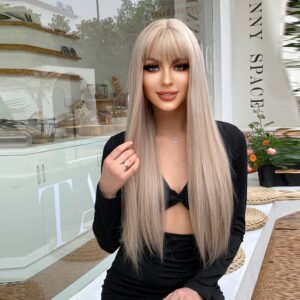 Light Blonde Women Synthetic Wig Long Straight Hair with Bangs