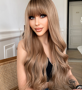 Brown Fashion Synthetic Wig Body Corrugated Chemical Fiber Wig with Bangs